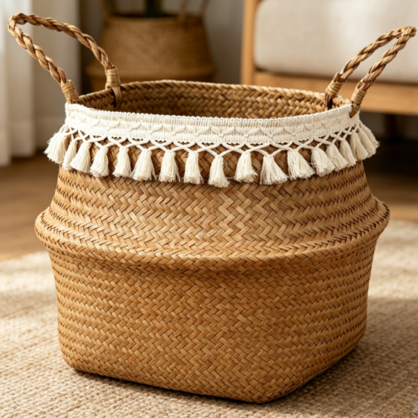 Seaweed belly-shaped basket, beige large toy and plant basket