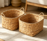 Round water hyacinth and seaweed basket, natural with handle