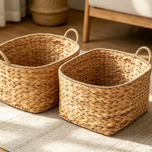 Round water hyacinth and seaweed basket, natural with handle